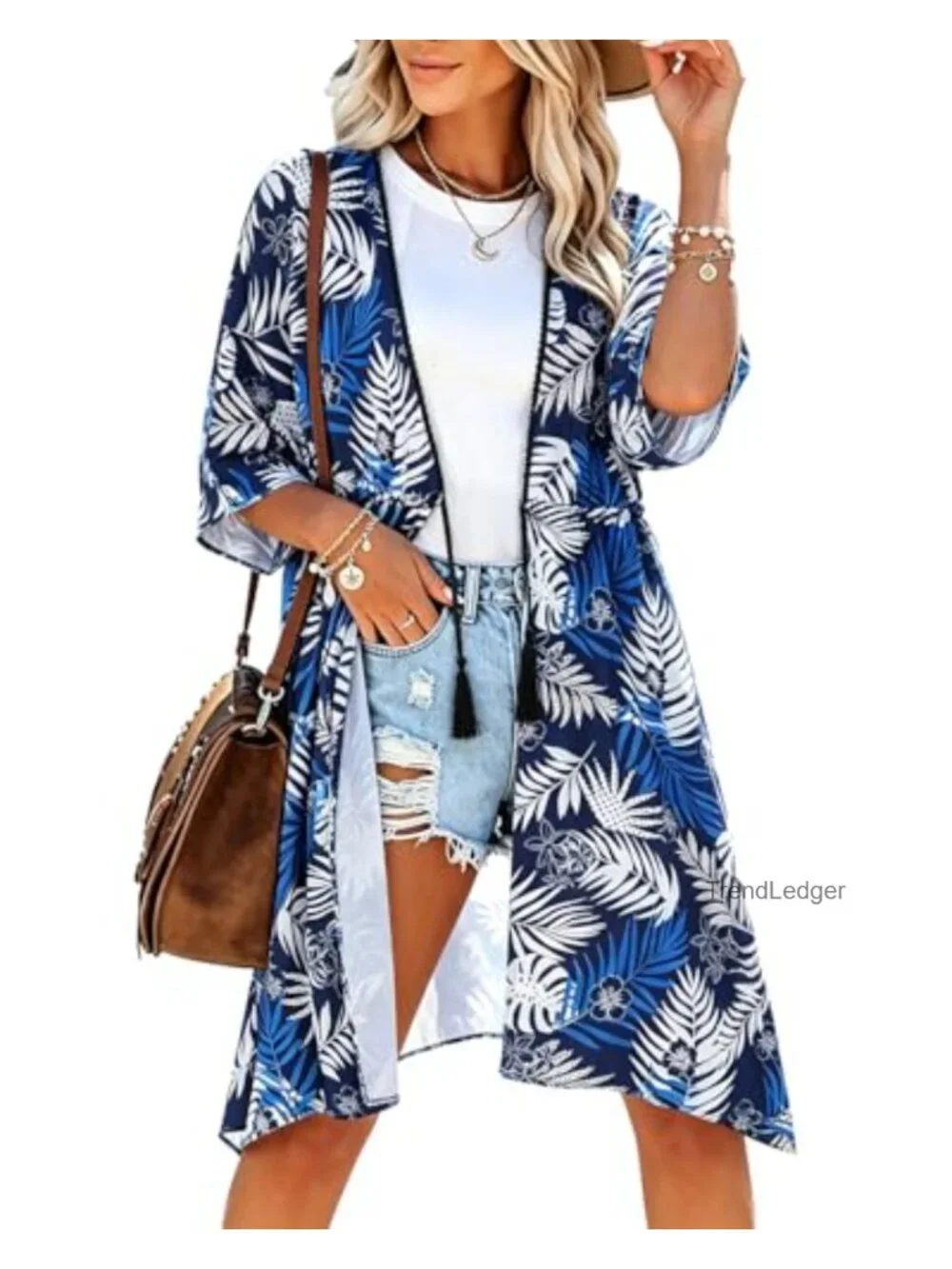 Tropical Swim Cover Up Cardigan 3/4 Sleeve Drawstring Waist One Size